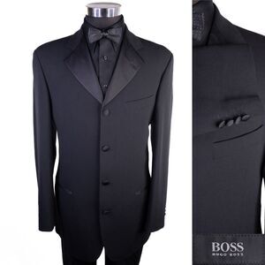 Hugo Boss Solid Black Blazer Tuxedo Jacket Coat Men’s 40L Wool 3-Button EUC
